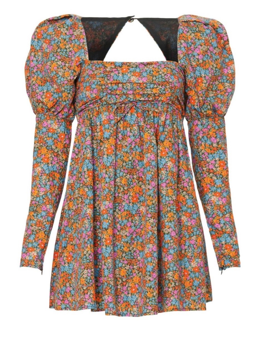 For Love & Lemons Floral Puff-Sleeve Mini Dress in Orange, Pink, Blue